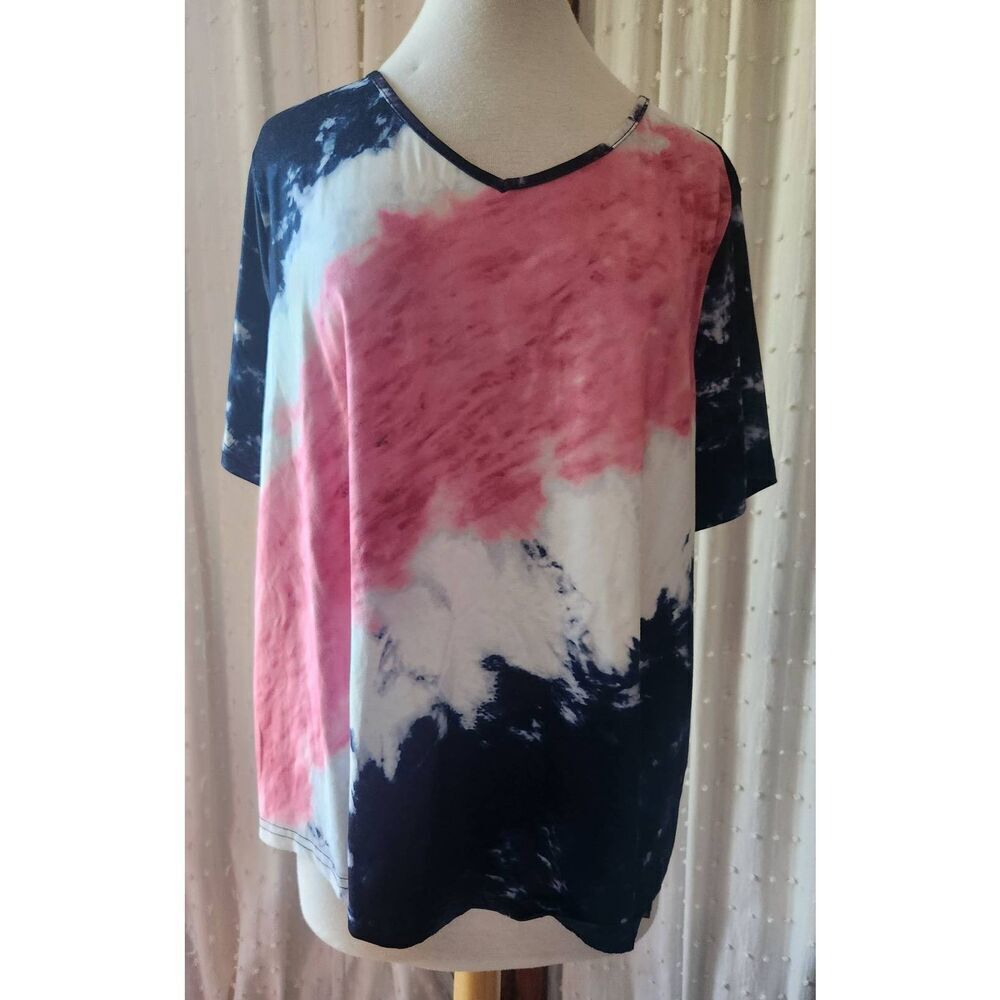 f1 Ohuiman Curve navy pink & white tie dye v-neck knit top short sleeved